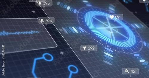 Glowing radial HUD on alert arrival, badges clustering, updating counts, visualizing engagement