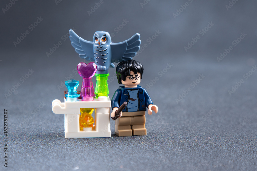 Fototapeta premium Lego man Harry Potter and owl mini figures toy bricks copy space. Ukraine, Kyiv - January 17, 2024.