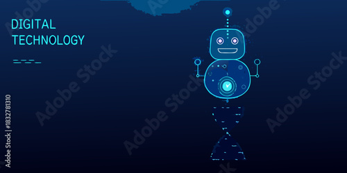 Digital technology concept with robot and hourglass on blue background