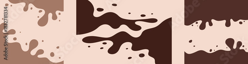 Chocolate splash, set of background elements of melted chocolate ice cream, vector illustration. Abstract shapes of liquid streaks, flat design. A delicious, sweet dessert with a place for text