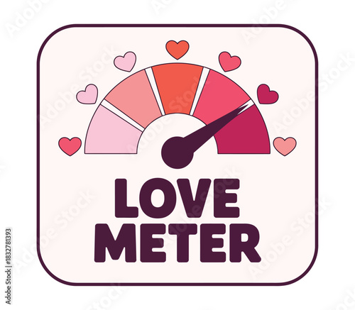 A love meter gauge indicates the level of affection, with hearts surrounding the dial.