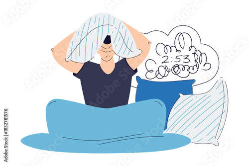 Sleepless Man at Night Suffer from Insomnia Vector Illustration