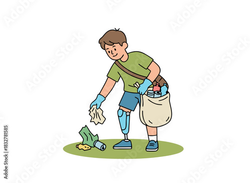 Young man with prosthetic leg collecting trash in a park wearing a green t shirt blue shorts and gloves with a large bag on his shoulder surrounded by grass and litter under natural lighting