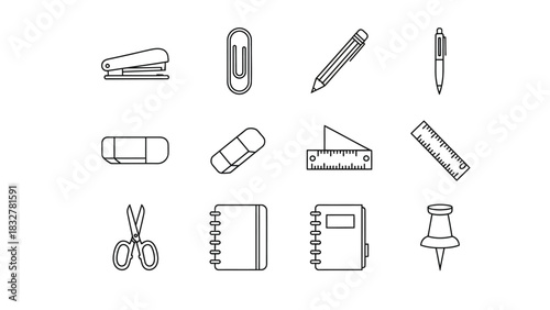 Outline icons of common office and school supplies, including stationery and tools