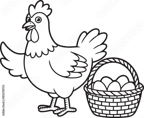 Chicken Standing Near Basket Full of Eggs Illustration for Farm Life Scenery