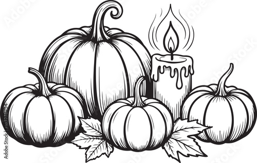 Pumpkin and Candle Composition Illustration for Fall Season and Holiday Themes