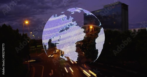 Faint globe appearing over roadway, rotating, revealing continents and mapping traffic flow beneath