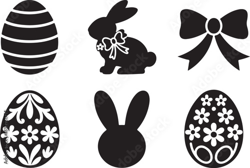Collection of easter holiday elements such as easter eggs, bunny and bow ribbons