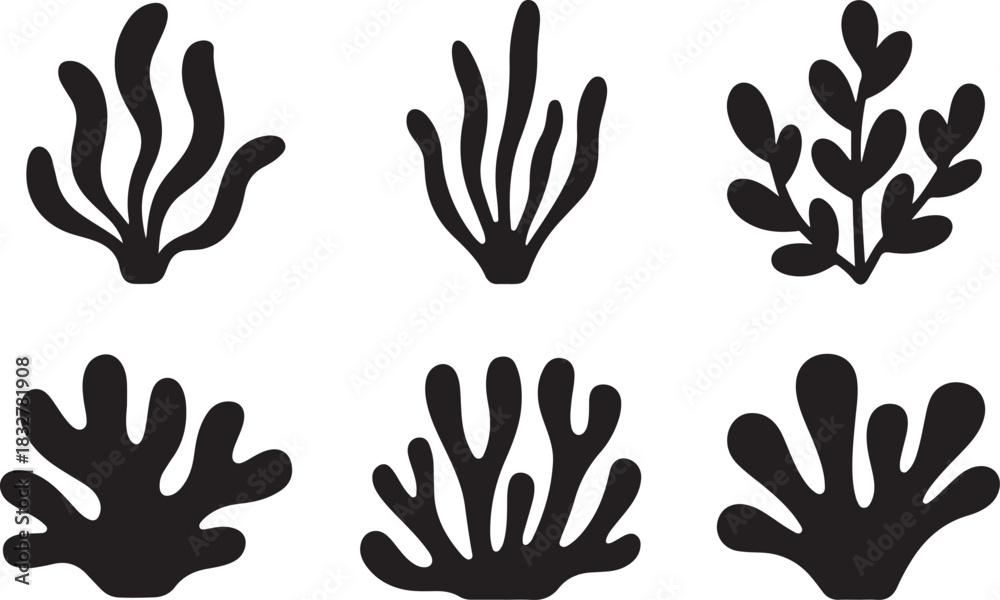 Obraz premium Collection of silhouettes of seaweed and sea plants in simple cartoon style