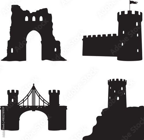 Set of Medieval Castle Tower Silhouettes