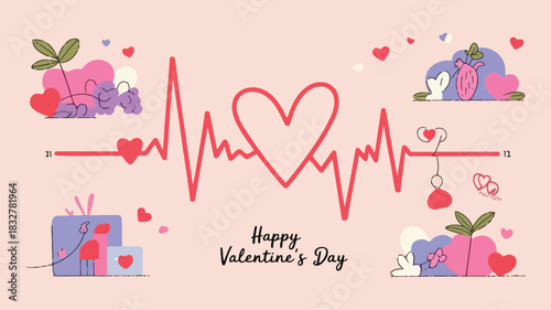Happy valentine s day greeting card featuring a vibrant red heartbeat line with a large heart in the center surrounded by colorful abstract shapes and small hearts on a soft pink background