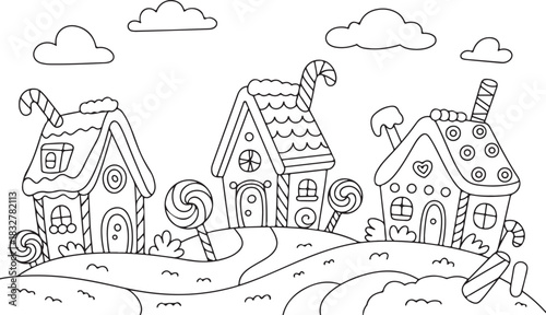 Sweet houses and candy canes in a fanciful confectionery village doodle style art