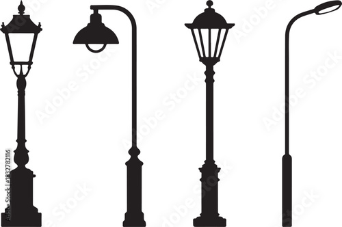 Set of four street lights silhouettes in different styles on transparent background exactly 100 character