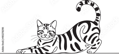 Relaxing tabby cat with striped fur and curled tail in monochrome artwork vector