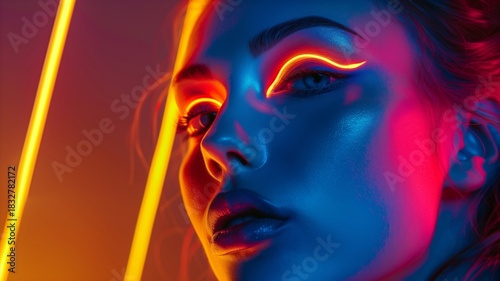 Fluorescent neon patterns cover woman face in vivid artistic design