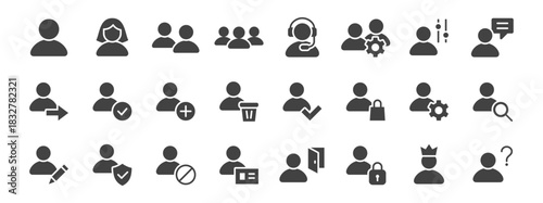 User account glyph icon set. Profile, login, admin, settings, security minimal vector illustrations. Simple silhouette signs for web interface. Black color