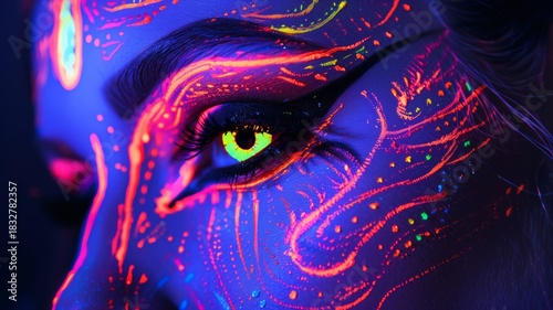 Vivid neon makeup glows across the woman face