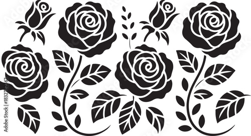 Set of black roses with leaves and stems for romantic floral decor art