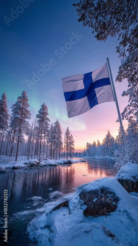 The Finnish flag waves proudly over a frozen lake surrounded by tall pine trees. Soft morning light reflects on the icy surface, celebrating Independence Day in Finland.
