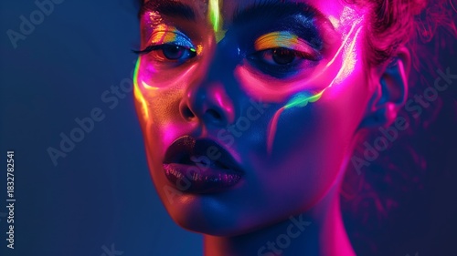 Bold neon colors illuminate woman face in vivid closeup, blending glowing pigments