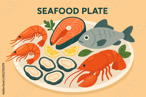 vector illustration of a seafood plate composition products design elements