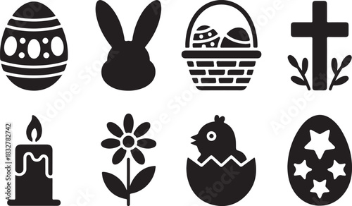Various easter elements silhouette egg bunny basket candle flower chick and cross shapes
