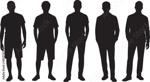 Silhouettes of different men in casual outfits standing in different poses with hands in pockets