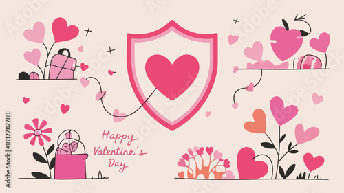A charming and whimsical illustration for valentine s day featuring a protective shield with a heart surrounded by blooming hearts gift boxes and a sweet floral arrangement