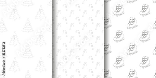 Three vertical black-and-white holiday patterns Christmas trees with stars, candy canes in various angles, and ice skates with laces. Festive seamless design for seasonal decor