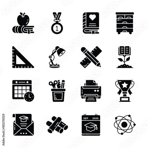 Creatively crafted school and education flat outline icons set