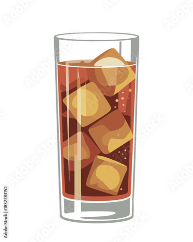 Minimalist vector illustration of a tall glass filled with reddish-brown iced tea and golden-tan ice cubes, featuring clean lines and warm tones