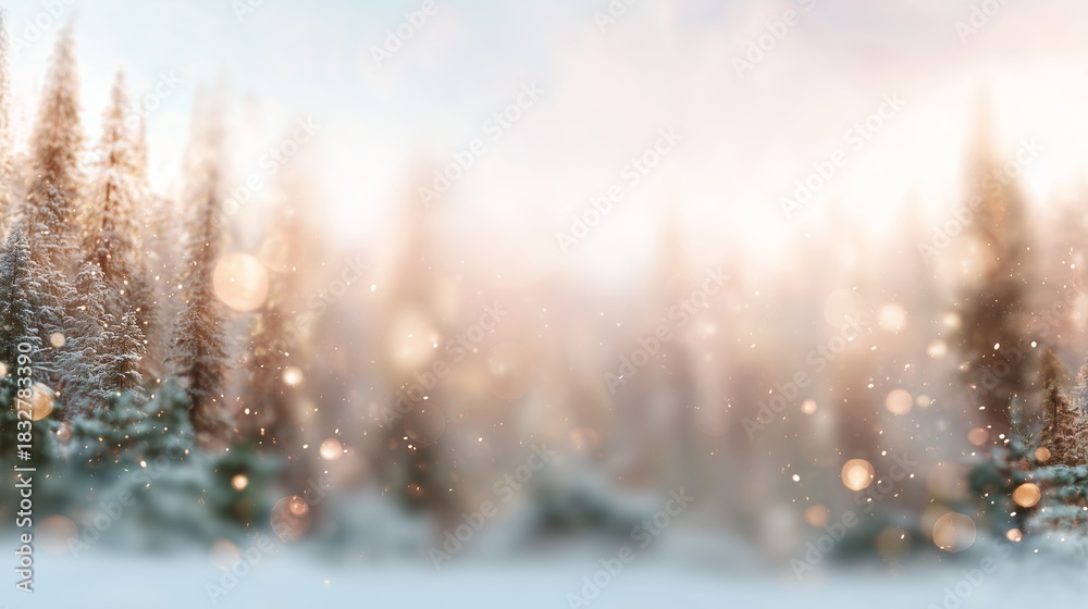 Obraz premium Winter landscape with snow-covered trees and soft light during sunrise or sunset