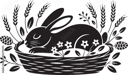 Cute rabbit sleeping in wicker basket floral decorations foliage branches spring season animal