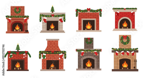 A delightful collection of cozy Christmas fireplaces, beautifully decorated with festive garlands, stockings, and glowing fires, perfect for holiday season designs and illustrations