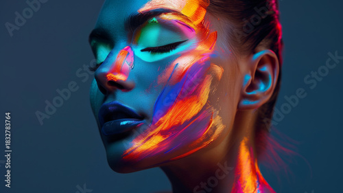 Neon pigments glow across womans face in serene profile, blending vivid colors