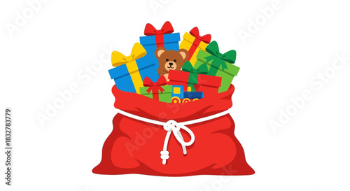 Festive Red Sack Overflowing with Colorful Presents and a Teddy Bear, Ideal for Christmas and Holiday Gifting Concepts