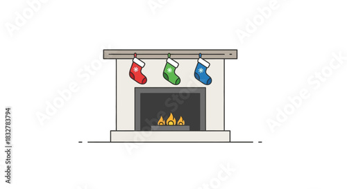 Cozy Christmas fireplace with three colorful stockings hanging on the mantel, a classic symbol of holiday warmth and family tradition