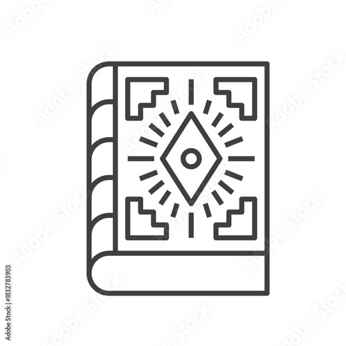 Vector icon of a magic spell book with mystical cover in line style. Editable stroke. Halloween, fantasy, witchcraft, magic theme. Great for enchanted, spooky, gothic web or mobile graphic designs
