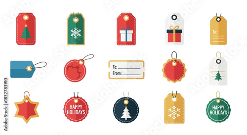 Colorful array of flat design vector tag icons, perfect for festive holiday celebrations, thoughtful gift labeling, and versatile price marking in various creative projects