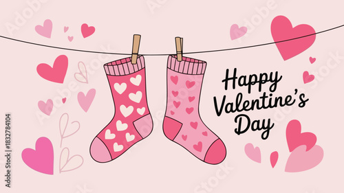 Happy valentines day greeting card with cute pink socks decorated with hearts hanging on a clothesline with hearts in the background