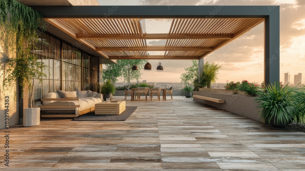 Naklejka premium Beautiful rooftop veranda with comfortable furniture, outdoor dining set, modern design ideal for relaxation, party, event, or social gathering