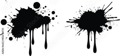Two black ink splatters with drips on a white background