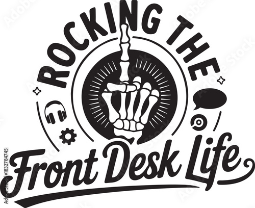 Humorous black and white front desk life skeleton hand flipping the bird print image