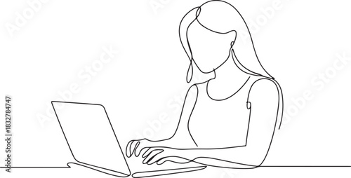 Freelancer line art illustration of woman using laptop for work or study at home