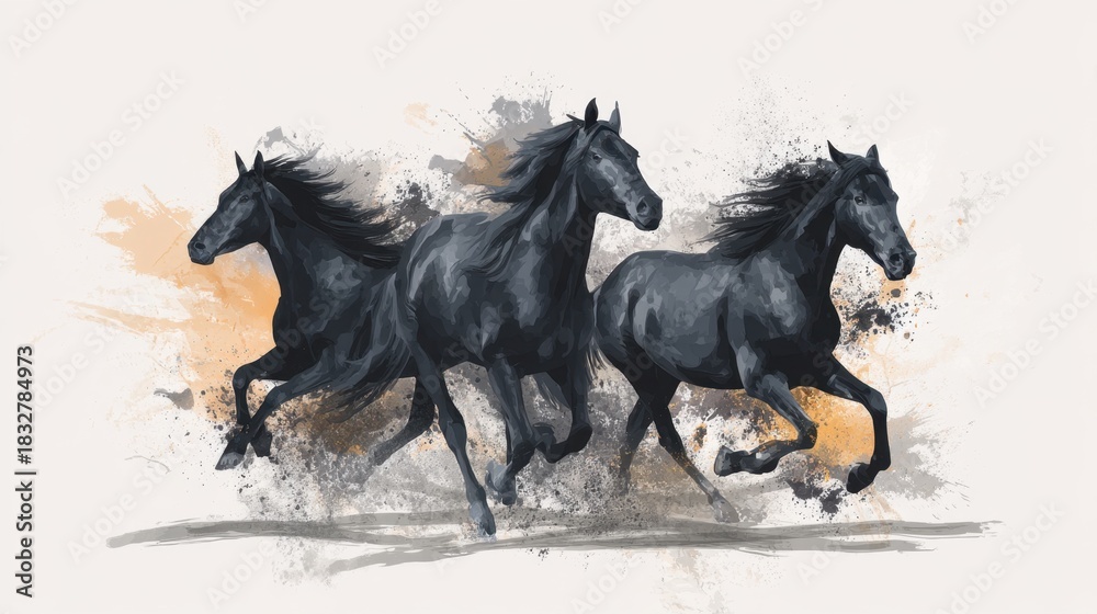 Fototapeta premium Three black horse galloping in an artistic watercolor style with dynamic paint splashes. Design for decoration, wallpaper, or equestrian concept.