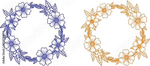 Two floral wreaths in blue and gold with delicate flower illustrations