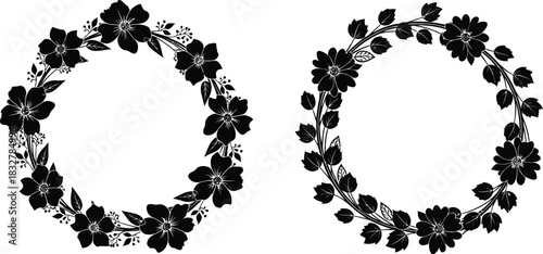 Two floral wreaths with flowers and leaves in black and white