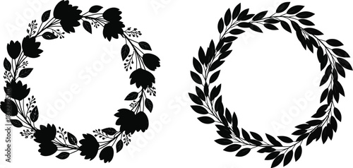 Elegant floral and leaf wreath set in black silhouette style for design