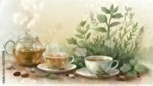 Wallpaper Mural Artistic still life of a teapot, cups of herbal tea, and fresh herbs surrounded by coffee beans Torontodigital.ca