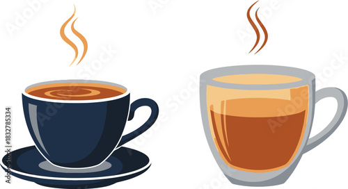 Two cups of hot coffee or tea isolated on white background